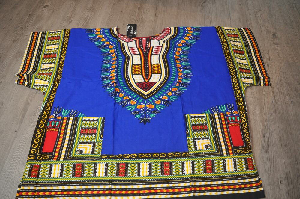 Dududai African Dashiki Shirt Unisex XXL Blue Multicolor Tribal Tunic